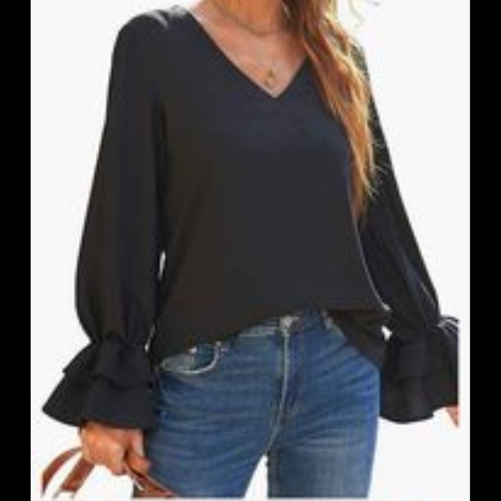 Vetinne ruffled long bell sleeve blouse.